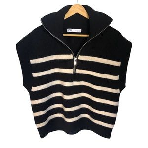 Zara Stripped Sweater Vest Half Zip Navy/White - Size M